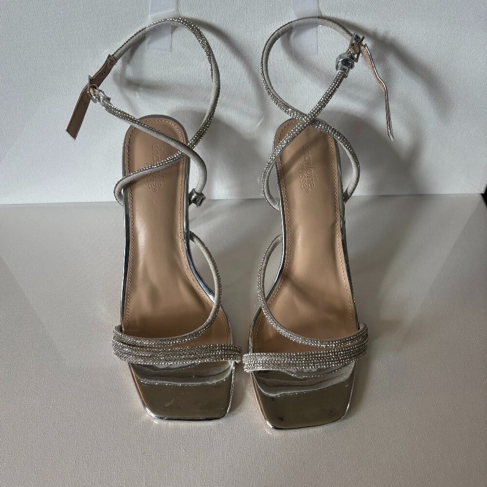 Charlotte Russe Rhinestone Strappy Silver Heels | Size 8 | Square Toe